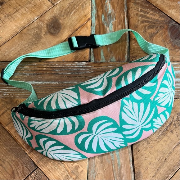 Tropical Pink and Green Leaf Print Cooler Fanny Pack - Picture 1 of 3